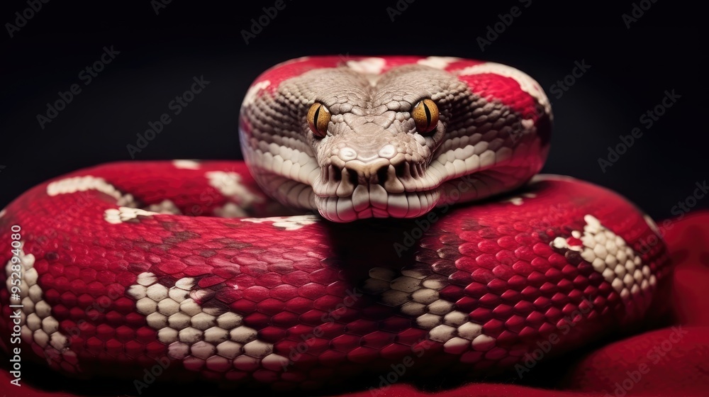 Obraz premium Chinese New 2025 year of the snake poster print. Christmas poster with a white snake on a red background. Snake in a Santa Claus hat. Christmas and New Year photo, poster, print.