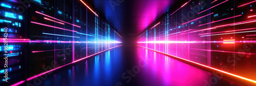 Abstract data center room with bright neon blue and pink light glowing server blocks. Realistic 3d vector illustration of tunnel with digital information and database warehouse super computer. 