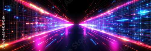 Abstract data center room with bright neon blue and pink light glowing server blocks. Realistic 3d vector illustration of tunnel with digital information and database warehouse super computer. 