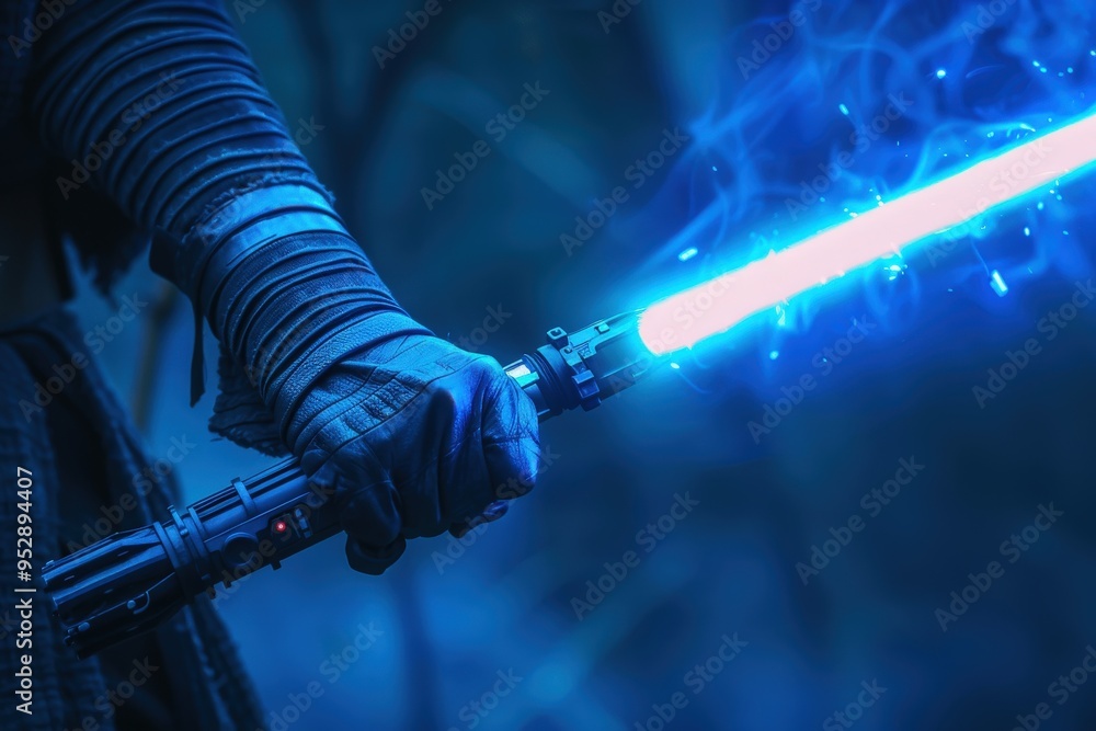 Naklejka premium A person holding a blue lightsaber with a blue flame, generative ai image