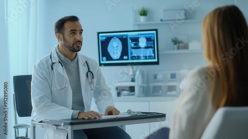 A doctor in a white lab coat attentively examines a patient, using a stethoscope in a clean, modern clinic environment. Generative AI