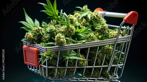 Discover the lush greenery of cannabis strains displayed in a small shopping cart at a local dispensary, reflecting a growing community interest in herbal remedies and wellness