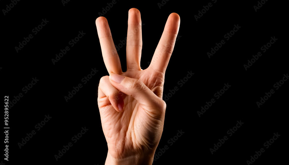 Hand sign, counting, 3, fingers, bending, hand, right hand, black background, close-up Hand sign, counting, 3, fingers, bending, hand, right hand, black background, close-up