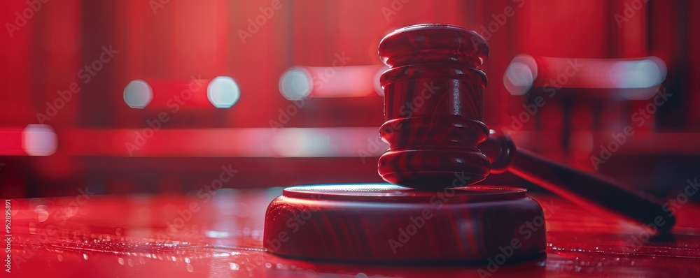 Close-up of a detailed judge's gavel on a table, symbolizing justice in a dimly lit courtroom. Free copy space for banner. Close-up of a detailed judge's gavel on a table, symbolizing justice in a dimly lit courtroom. Free copy space for banner.