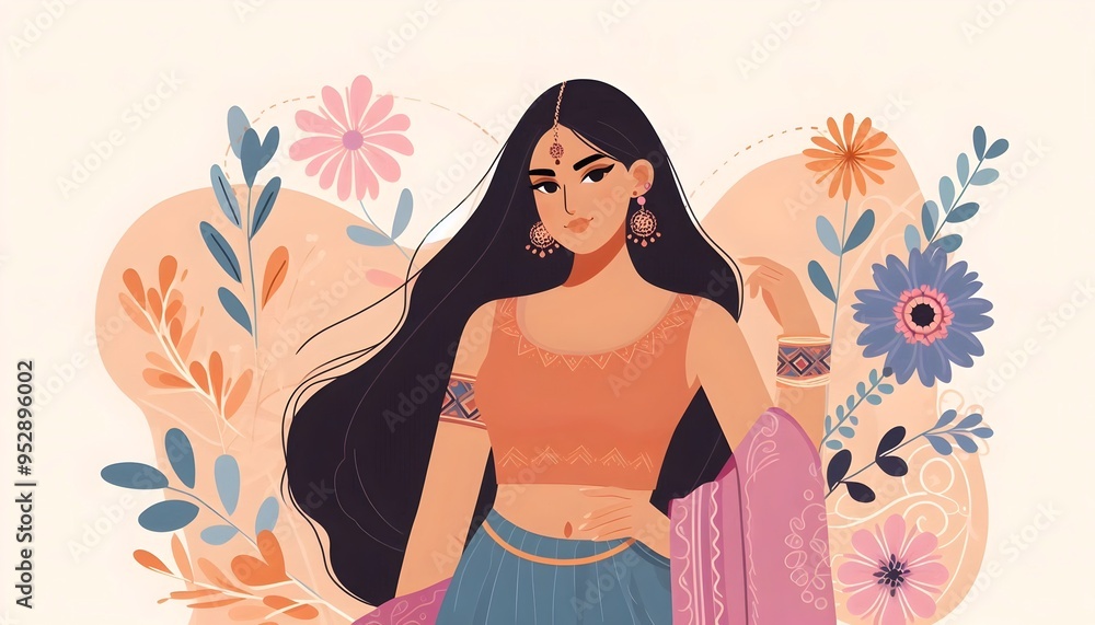 Flat vector illustration of beautiful young Indian lady summer vacation travel Flat vector illustration of beautiful young Indian lady summer vacation travel