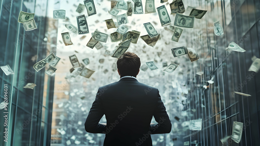 Hopeless Businessman Watching Money Fly Away: Business Failure and Economic Crisis. Hopeless Businessman Watching Money Fly Away: Business Failure and Economic Crisis.
