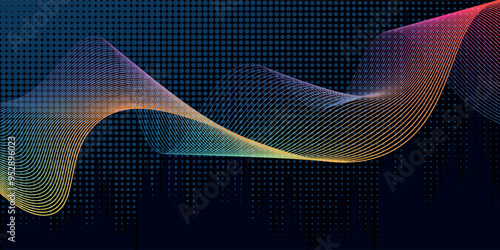 Abstract colorfull wave element for design. Digital frequency track equalizer. Stylized line art background.Vector illustration.Wave with dots created using blend tool.Curved wavy line, smooth stripe