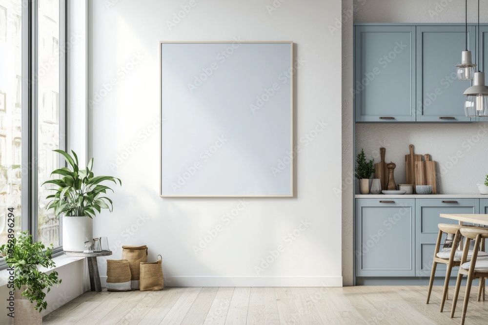Fototapeta premium Poster Mockup in Kitchen Interior with White Wall created with Generative AI