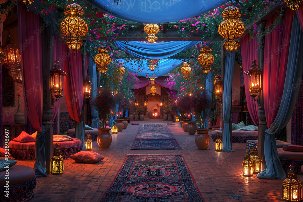 Fototapeta premium a beautiful and luxurious interior of a palace or palace. The floor is covered with a blue carpet with a floral pattern