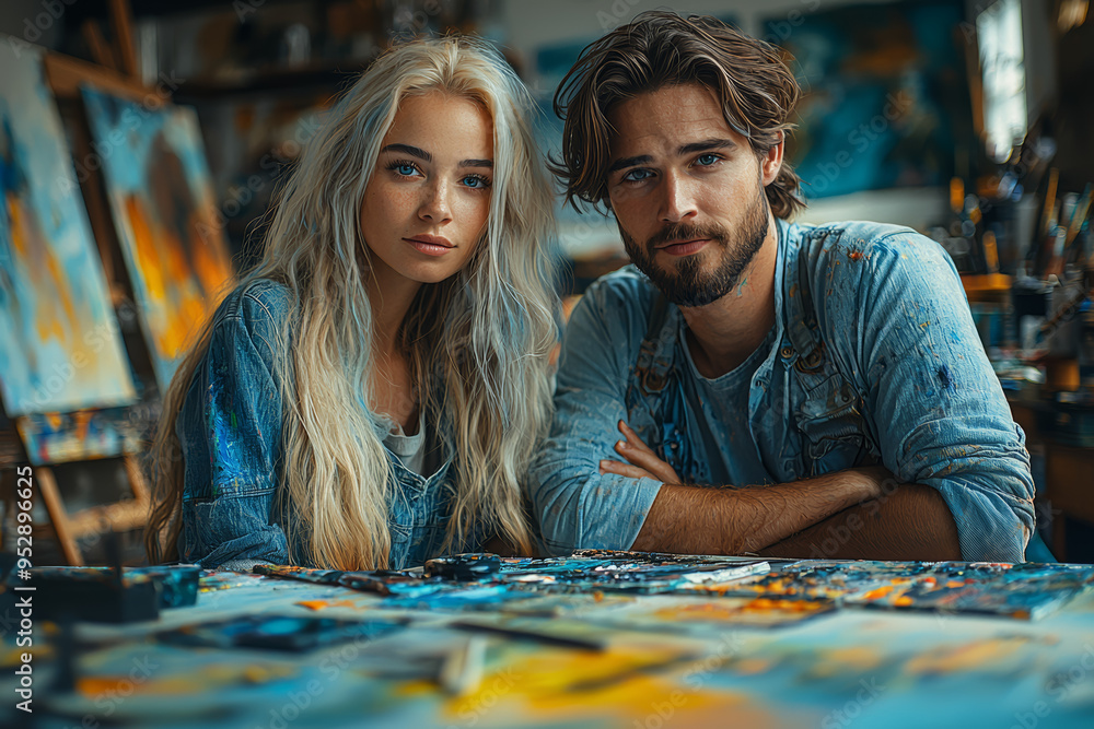 Partners creating art together in a sunny studio, reflecting their creativity and shared passion. Concept of artistic collaboration and joy. Partners creating art together in a sunny studio, reflecting their creativity and shared passion. Concept of artistic collaboration and joy.