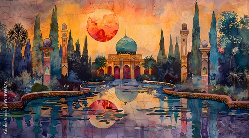 Dusks Embrace: A Watercolor Odyssey of Middle Eastern Enchantment photo