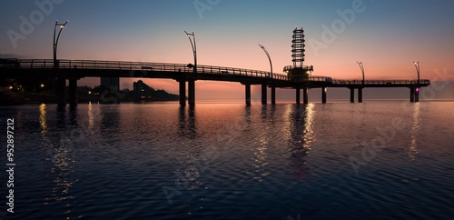 A view of Brant Street Pier during dusk on Lake Ontario, in the morning at Burlington, Ontario, Canada