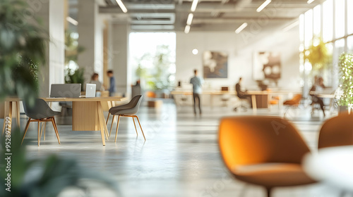 Modern open space office with blurred colleagues, capturing the essence of teamwork in a dynamic setting.