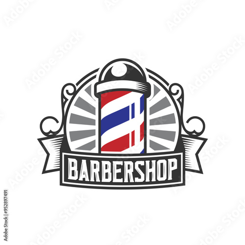 Barber logo. barber pole and scissors elements, as a sign of a barber shop, men's haircut salon. Vector illustration