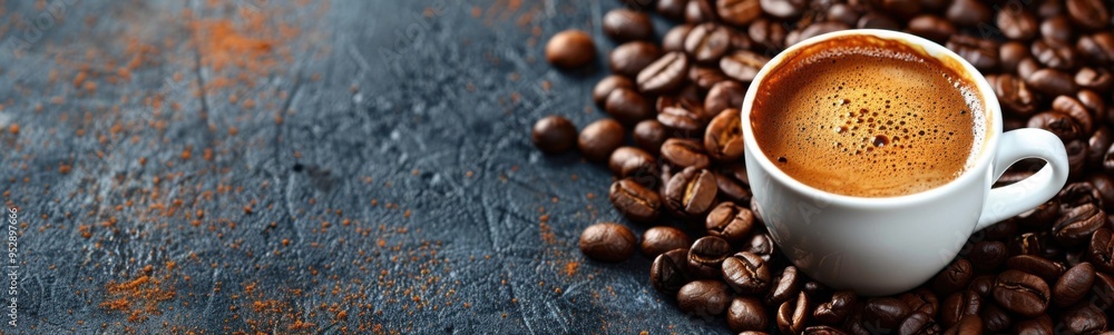 Cup of coffee on a table with coffee beans, banner, copy space Cup of coffee on a table with coffee beans, banner, copy space