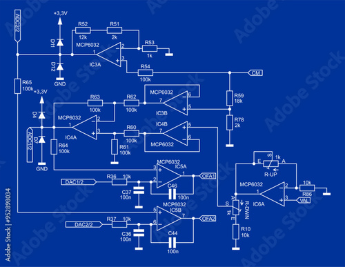 Schematic diagram of electronic device. 
Vector drawing electrical circuit with operational amplifier, 
resistor, capacitor, diode and other components.