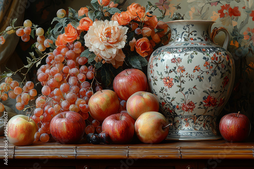 A baroque still-life painting featuring luxurious objects like fine china, rich fabrics, and exotic fruits. Concept of artistic detail and material wealth. photo