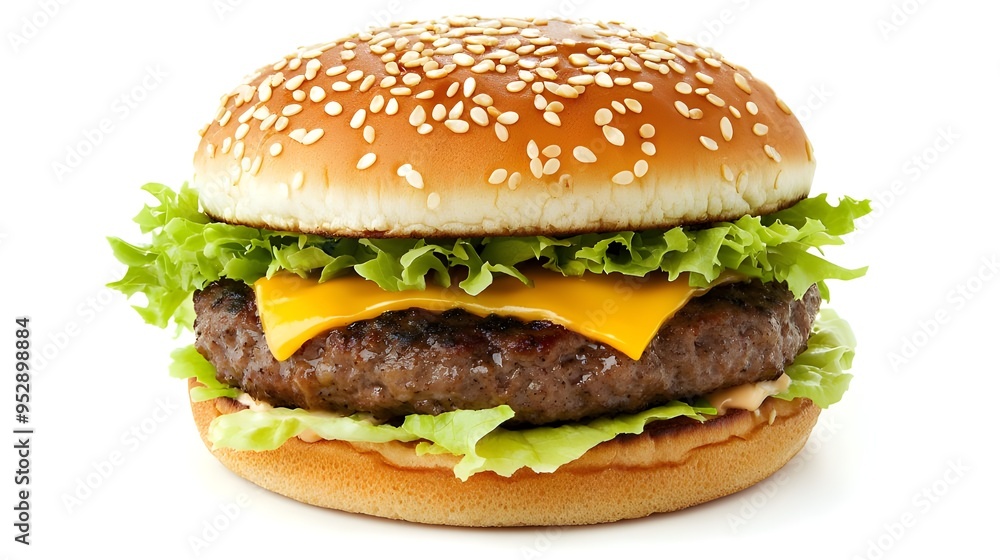 A classic cheeseburger, with a beef patty, melted cheese, lettuce, and a sesame seed bun, shown against a white background. The burger is presented in a straightforward and appetizing way. A classic cheeseburger, with a beef patty, melted cheese, lettuce, and a sesame seed bun, shown against a white background. The burger is presented in a straightforward and appetizing way.