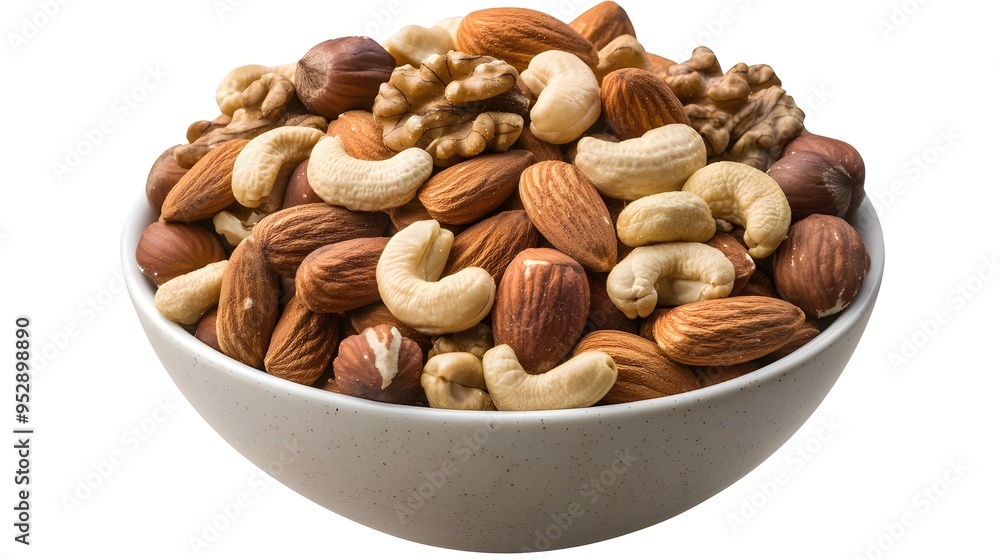 A bowl of mixed nuts, including almonds, cashews, and walnuts, arranged neatly and shown against a white background. The nuts are depicted in a clear and straightforward manner. A bowl of mixed nuts, including almonds, cashews, and walnuts, arranged neatly and shown against a white background. The nuts are depicted in a clear and straightforward manner.