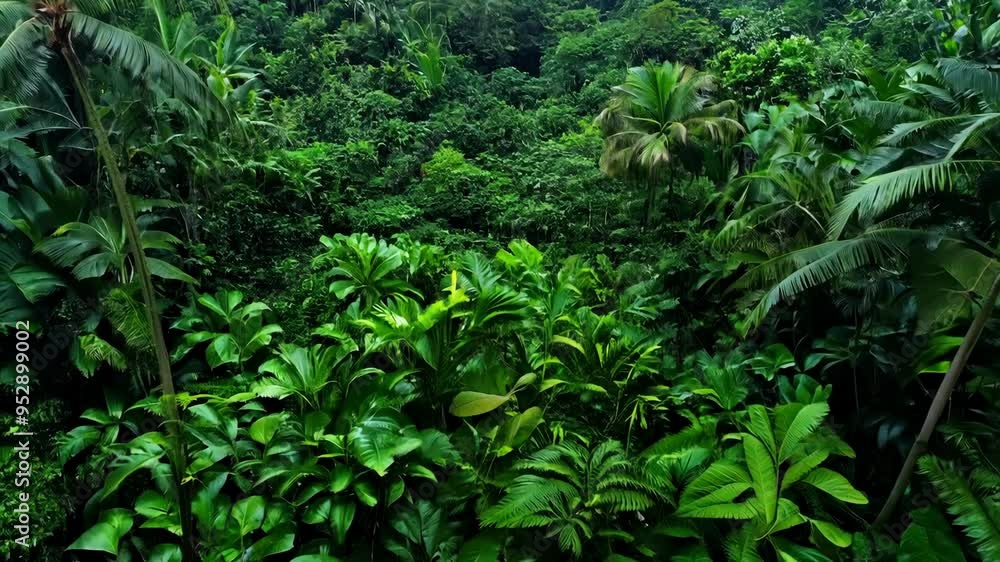 Aerial view of a dense jungle with thick vegetation, large leaves, and vibrant greenery, captured with rotating motion. Aerial view of a dense jungle with thick vegetation, large leaves, and vibrant greenery, captured with rotating motion.