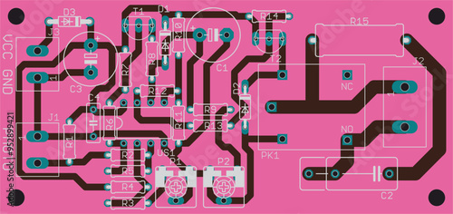Vector printed circuit board of an electronic 
device with components of radio elements, 
conductors and contact pads placed on it. 
Engineering drawing. Tracing the conductors.
