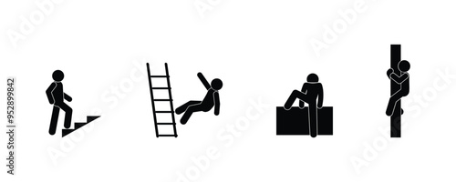 sticks figure man icon stickman, man climbs up, human silhouette, fall and rise