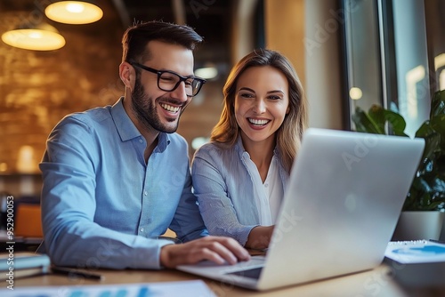 two happy professional executive team people managing project at work. busy business woman manager leader showing financial results to male partner using laptop computer at corporate office meeting.