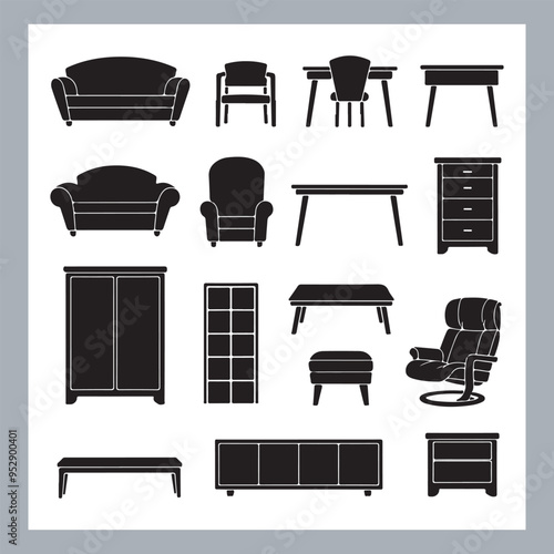 Set of house furniture silhouette Chair, sofa, table, bed, dresser, wardrobe, bookshelf, dining table, armchair, desk, cabinet vector in white background