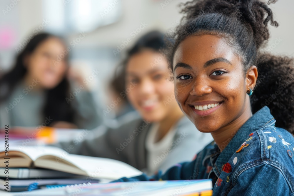 Portrait of a student in a classroom focused on language learning, showcasing joy in academic research and English studies Portrait of a student in a classroom focused on language learning, showcasing joy in academic research and English studies