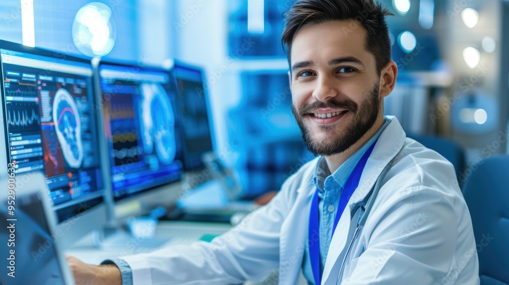 Portrait of a smiling male researcher at a laptop in a lab, engaged in medical development, innovation, and online testing in biotechnology Portrait of a smiling male researcher at a laptop in a lab, engaged in medical development, innovation, and online testing in biotechnology
