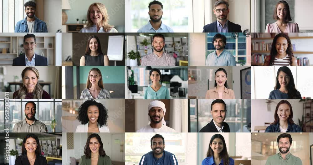 Collage of diverse people arranged in grids posing for camera at home or offices. Vary in gender, ages, ethnicity and profession, represent wide array of backgrounds and global community, zoom in view Collage of diverse people arranged in grids posing for camera at home or offices. Vary in gender, ages, ethnicity and profession, represent wide array of backgrounds and global community, zoom in view