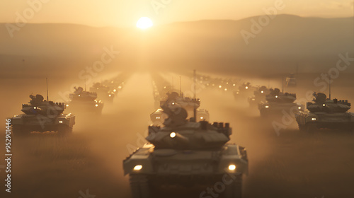 Group of Military Tanks in a Field | Powerful Armored Vehicles in Strategic Formation photo