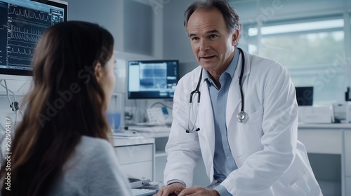 A doctor in a white lab coat attentively examines a patient in a modern clinic room, using a stethoscope to assess her health. Generative AI