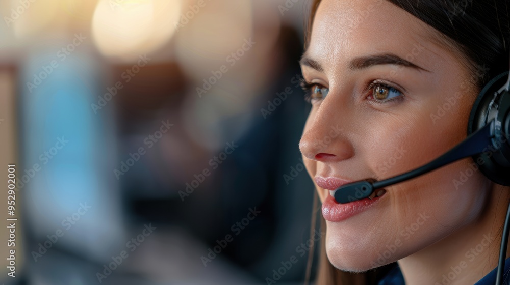 Customer support agent engaged in cheerful communication, providing assistance and consultancy through telemarketing and CRM, wearing a headset Customer support agent engaged in cheerful communication, providing assistance and consultancy through telemarketing and CRM, wearing a headset