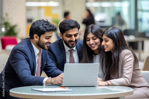 A group of four professionals from India, dressed in business attire, are gathered around a laptop, collaborating and smiling in a bright, modern office setting