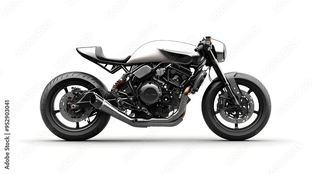Fototapeta premium A powerful motorcycle in a static pose on a white background, emphasizing its sporty design and sleek features. The bike is shown in a side view, highlighting its details.
