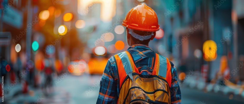 Back view of a worker wearing a safety vest and hard hat, standing on a city street with bokeh lights. Free copy space for banner. Back view of a worker wearing a safety vest and hard hat, standing on a city street with bokeh lights. Free copy space for banner.