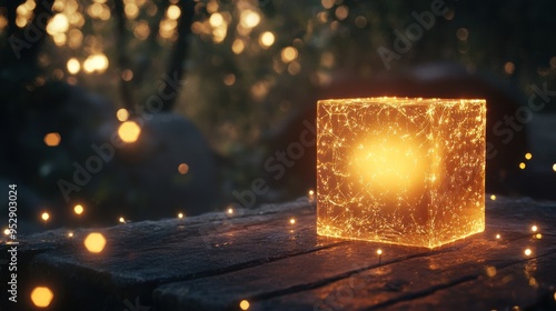 Glowing Cube with Crackled Glass Effect on Wooden Surface photo