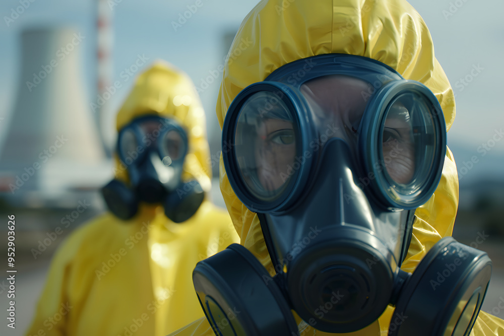 Nuclear Power Plant Workers in Yellow Protective Suits | Safety Measures in Hazardous Industrial Environments Nuclear Power Plant Workers in Yellow Protective Suits | Safety Measures in Hazardous Industrial Environments
