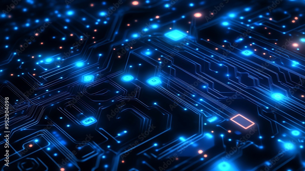 Glowing Blue Circuit Board with Illuminated Nodes Glowing Blue Circuit Board with Illuminated Nodes