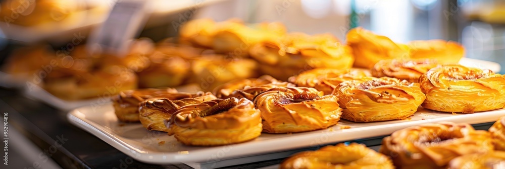 Portuguese Delicacy Pasteis on Display on a Countertop Portuguese Delicacy Pasteis on Display on a Countertop