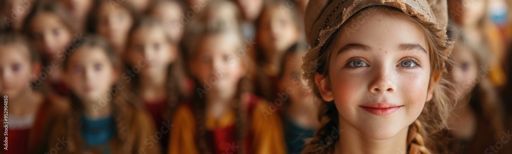 Young girl with braid hair and a hat, choral group Young girl with braid hair and a hat, choral group