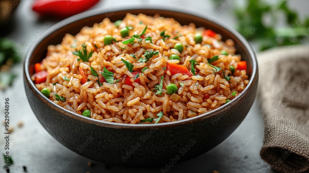 Top View of Fried Rice with Red Pepper and Chopped Green Coriander in a Bowl – Spiced Brown Farro Rice Dish with Cloth Napkin on White Background, Full-Frame Flat Lay
Top View of Fried Rice with Red Pepper and Chopped Green Coriander in a Bowl – Spiced Brown Farro Rice Dish with Cloth Napkin on White Background, Full-Frame Flat Lay