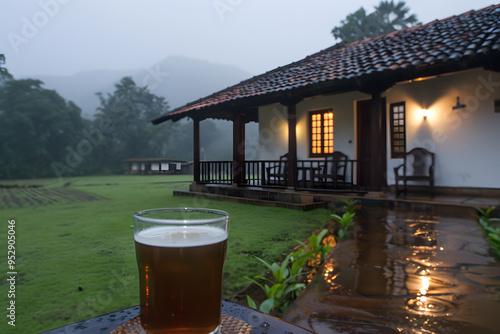 Rainy Evening in Kerala | Tranquil Home Setting Amidst Monsoon Showers in South India's Lush Greenery photo