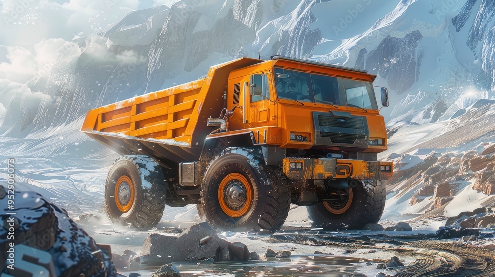 Orange Dump Truck in Mountainous Terrain Orange Dump Truck in Mountainous Terrain