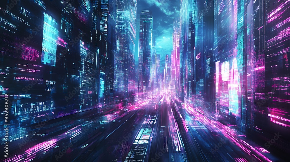 A Futuristic Cityscape with Glowing Neon Lights and Digital Code A Futuristic Cityscape with Glowing Neon Lights and Digital Code