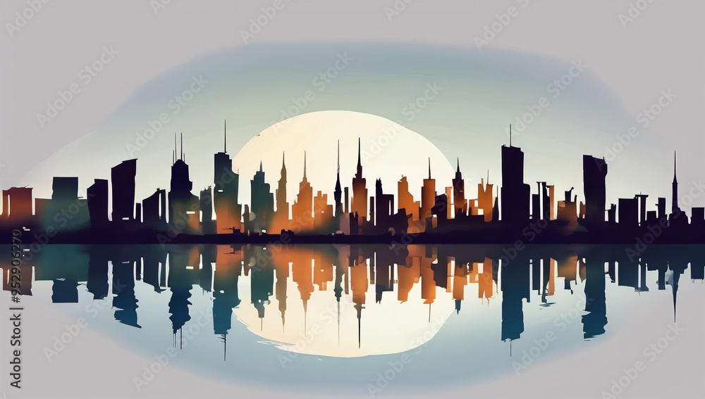 Obraz premium colorful abstract skyline modern cityscape skyscapers waterfront reflection orange teal green room for copu