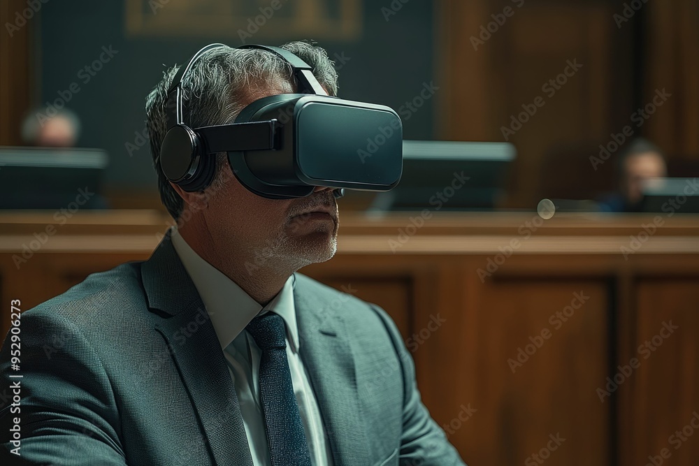 Man in a Virtual Reality Headset in a Courtroom Man in a Virtual Reality Headset in a Courtroom