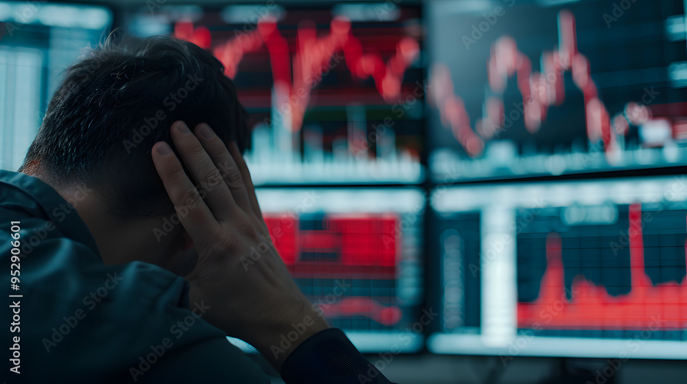 Stressed Investor Looking at Multiple Screens Displaying Stock Market Data | Financial Uncertainty and Market Volatility Stressed Investor Looking at Multiple Screens Displaying Stock Market Data | Financial Uncertainty and Market Volatility