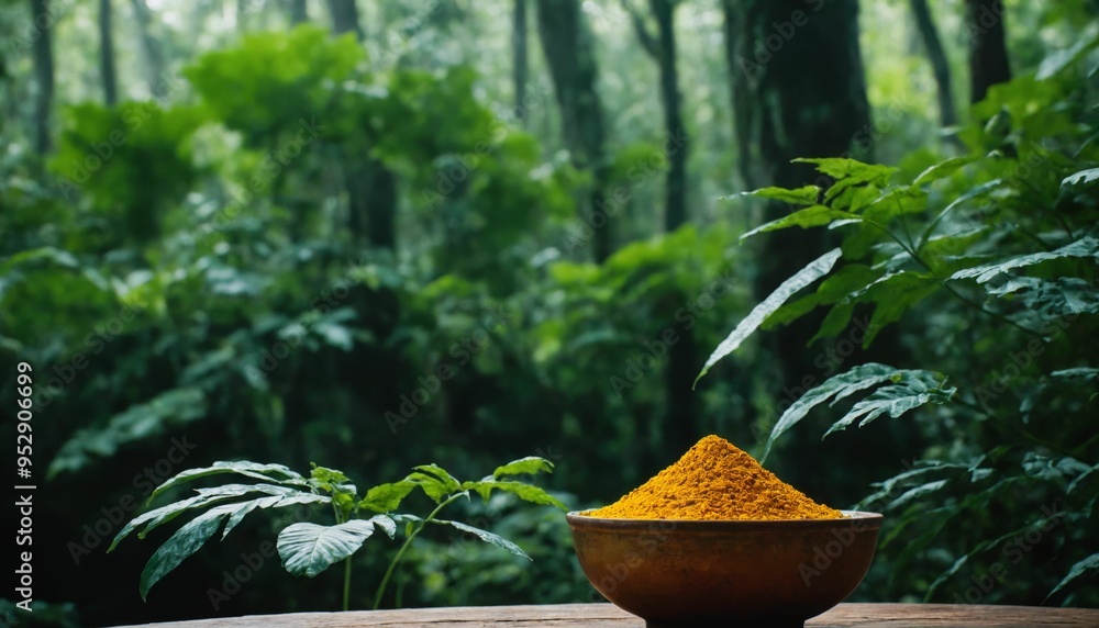 Turmeric in a bowl with a background of nature, healthy eating Turmeric in a bowl with a background of nature, healthy eating